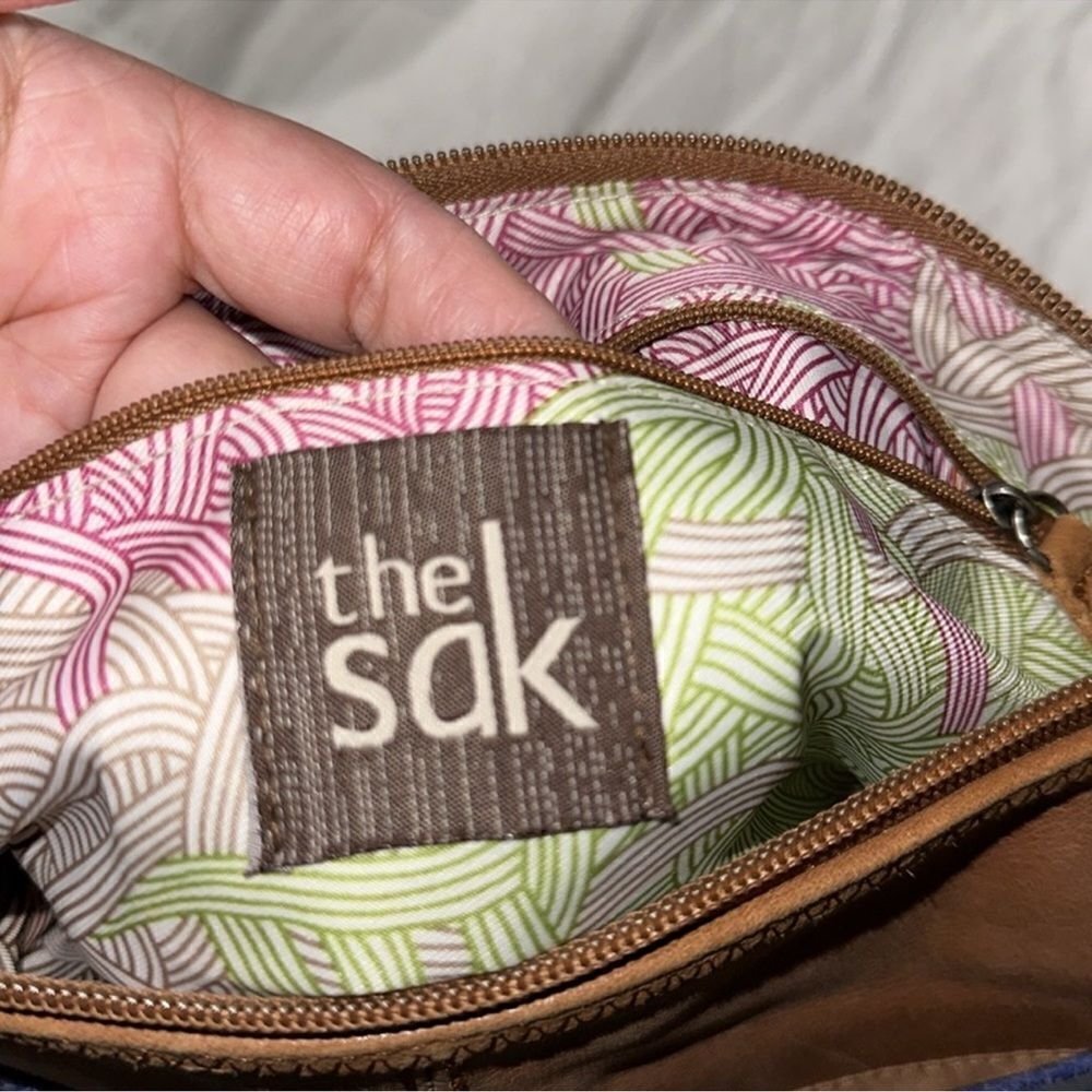 The Sak Blue Brown Gold Trim Genuine Leather Hobo Purse - Picture 15 of 16
